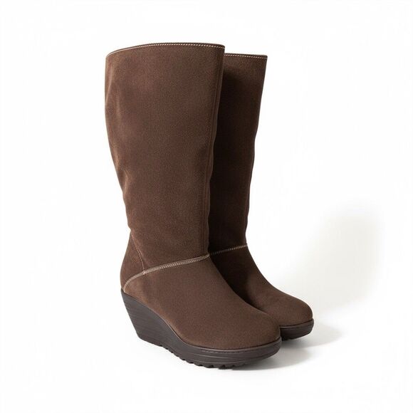 Fly London? Chocolate Brown Suede Wedge Midcalf Pull On Boots stitching size 9 - Picture 1 of 11